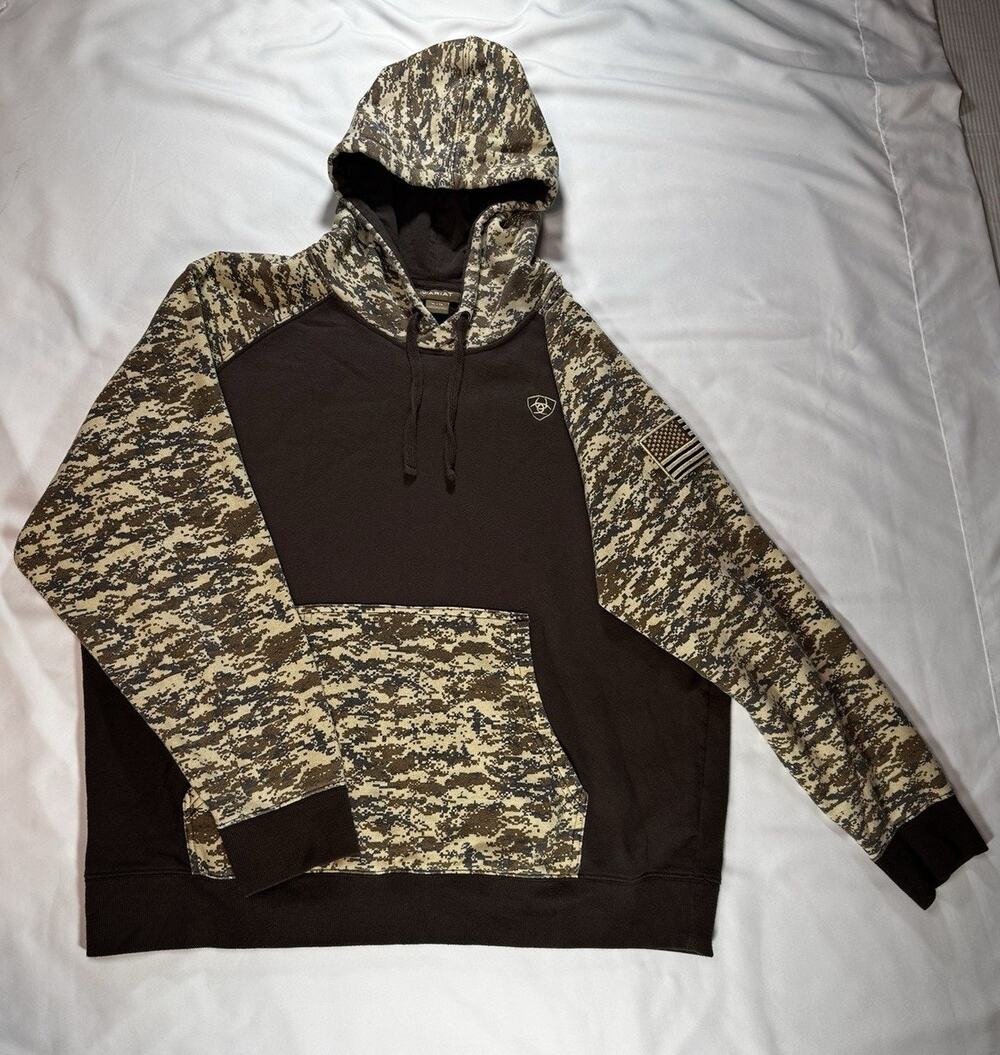 Ariat Patriot Hoodie Mens XL Desert Digital Camo Brown USA Flag 10022684